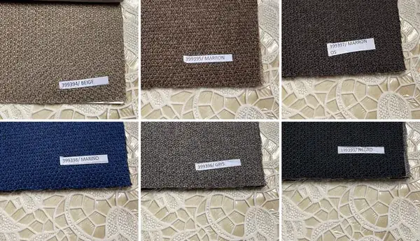 Muestras de tela texturizada: beige, marrón, marrón oscuro, marino, gris y negro